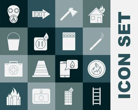 Set Fire escape, flame, Cigarette, Firefighter axe, Electric wiring of socket in Stock Illustration