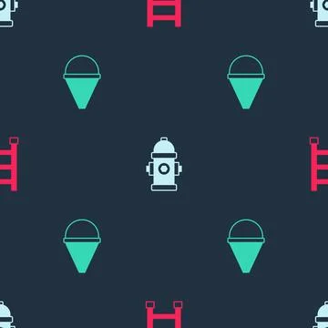 Set Fire escape, hydrant and cone bucket on seamless pattern. Vector Stock Illustration
