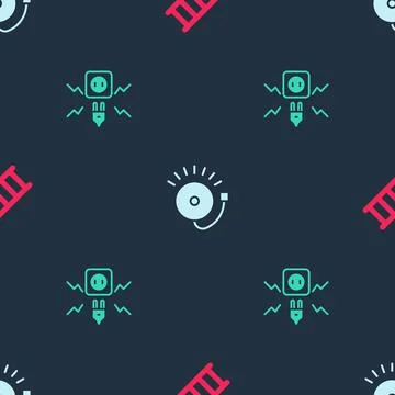 Set Fire escape, Ringing alarm bell and Electricity spark on seamless pattern Stock Illustration