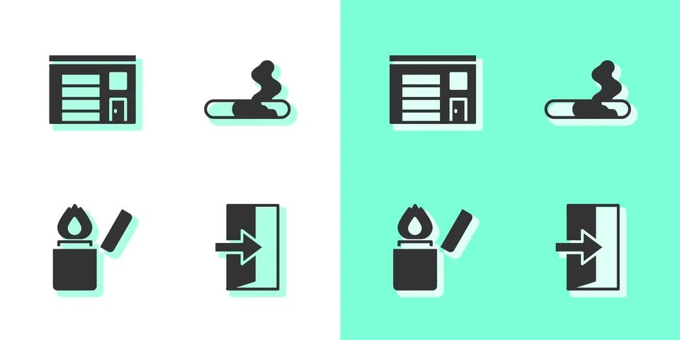Set Fire exit, Building of fire station, Lighter and Cigarette icon. Vector Ilustración de archivo