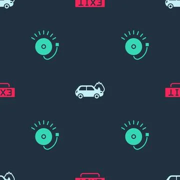 Set Fire exit, Burning car and Ringing alarm bell on seamless pattern. Vector Stock Illustration