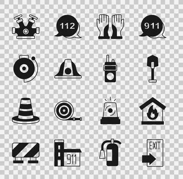 Set Fire exit, in burning house, shovel, Firefighter gloves, helmet, Ringin.. Ilustración de archivo