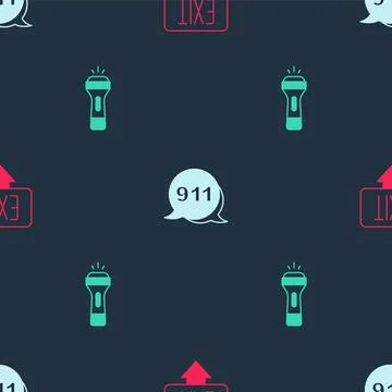 Set Fire exit, Emergency call 911 and Flashlight on seamless pattern. Vector Stockillustratie