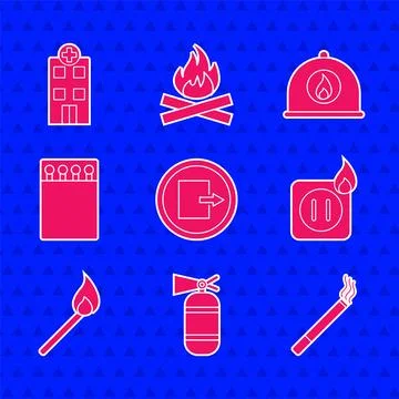 Set Fire exit, extinguisher, Cigarette, Electric wiring of socket fire, Burning Stock Illustration