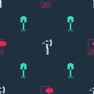 Set Fire exit, Firefighter axe and shovel on seamless pattern. Vector Stockillustratie