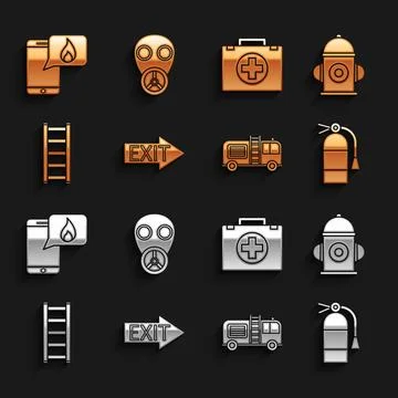 Set Fire exit, hydrant, extinguisher, truck, escape, First aid kit, Phone with Stock Illustration