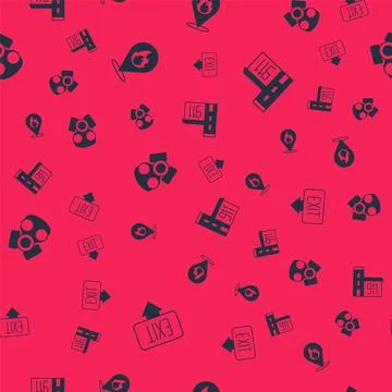 Set Fire exit, Location with fire flame, Gas mask and Building of station on  Ilustración de archivo