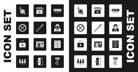 Set Fire exit, Metal pike pole, No fire match, hose reel, Firefighter, Telephone Ilustración de archivo