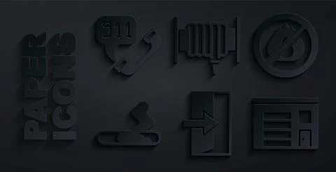 Set Fire exit, No fire, Cigarette, Building of station, hose reel and Telephone Ilustración de archivo