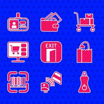 Set Fire exit, POS terminal with credit card, Sauce bottle, Paper bag bread loaf Stock Illustration