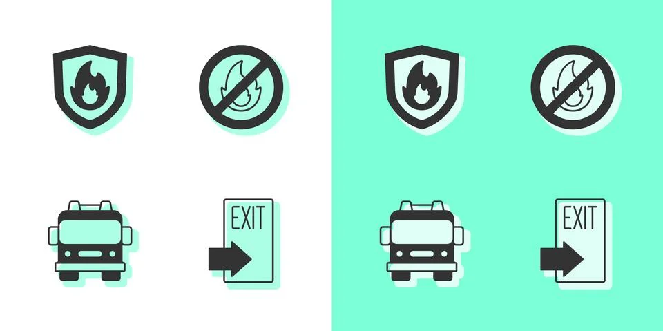 Set Fire exit, protection shield, truck and No fire icon. Vector Illustrazione stock