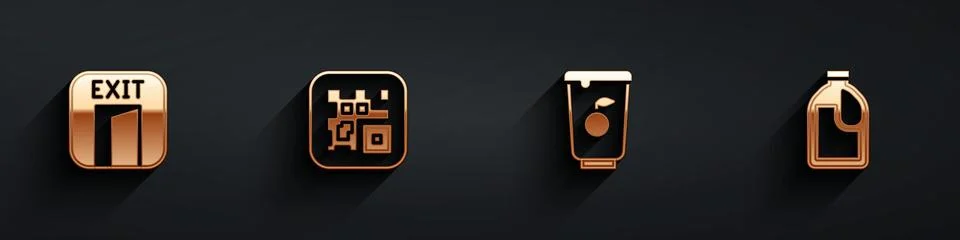 Set Fire exit, QR code, Yogurt container and Bottle for cleaning agent icon w Stock Illustration