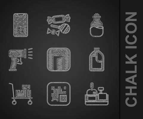 Set Fire exit, QR code, Cashier at cash register, Bottle for cleaning agent,  스톡 일러스트