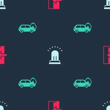 Set Fire exit, Ringing alarm bell and Burning car on seamless pattern. Vector Stock Illustration