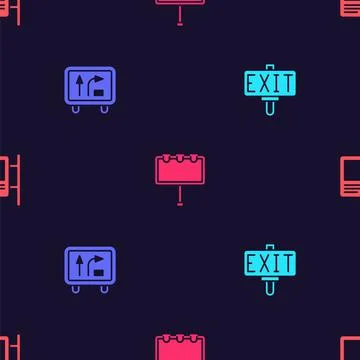 Set Fire exit, Road traffic sign, Billboard with lights and on seamless pattern Illustrazione stock