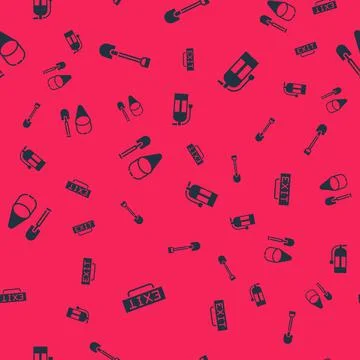 Set Fire exit, shovel, and bucket and extinguisher on seamless pattern. Vector Stock Illustration