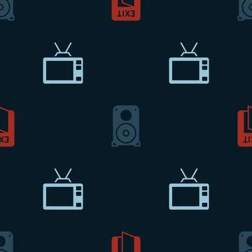 Set Fire exit, Stereo speaker and Retro tv on seamless pattern. Vector Stock Illustration