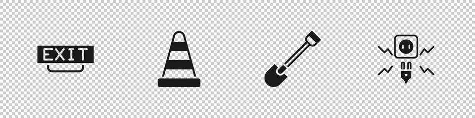 Set Fire exit, Traffic cone, shovel and Electricity spark icon. Vector 스톡 일러스트