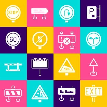 Set Fire exit, Triangle warning blank, Fork the road, Turn back sign, No ce.. 스톡 일러스트