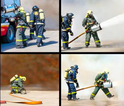 Set of fire extinguish the fire with foam in the smoke. Stock Photos
