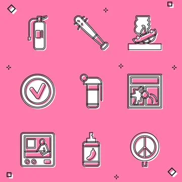 Set Fire extinguisher, Baseball bat with nails, Burning car, Check mark rou.. Stock Illustration