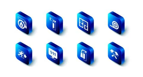 Set Fire extinguisher, Evacuation plan, hose reel, Firefighter axe, Emergency Illustration