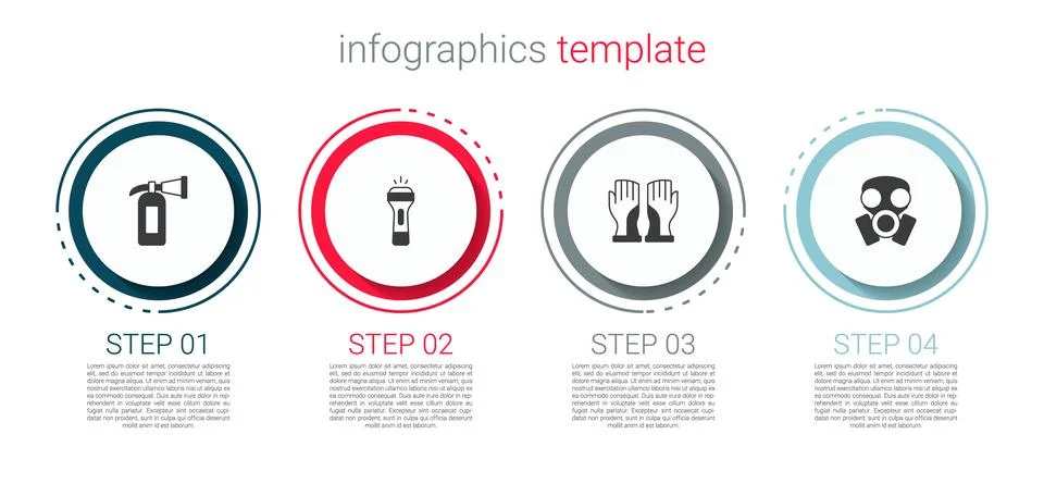 Set Fire extinguisher, Flashlight, Firefighter gloves and Gas mask. Busines.. Stock Illustration