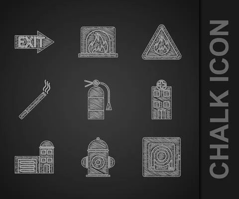 Set Fire extinguisher, hydrant, hose cabinet, Medical hospital building Ilustración de archivo