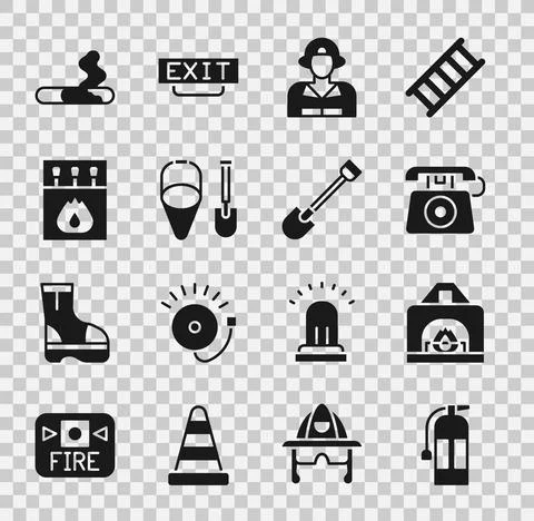 Set Fire extinguisher, Interior fireplace, Telephone call 911, Firefighter Illustration