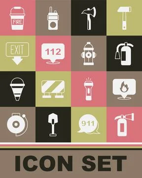 Set Fire extinguisher, Location with fire flame, Firefighter axe, Emergency call Illustration