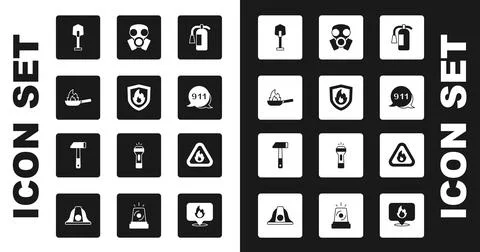Set Fire extinguisher, protection shield, Pan with fire, shovel, Emergency call Illustration