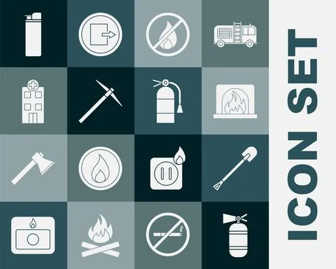 Set Fire extinguisher, shovel, Interior fireplace, No, Pickaxe, Medical hospital Stock Illustration