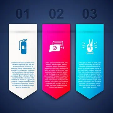 Set Fire extinguisher, Speech bubble chat and Hand showing two finger. Business Stock Illustration