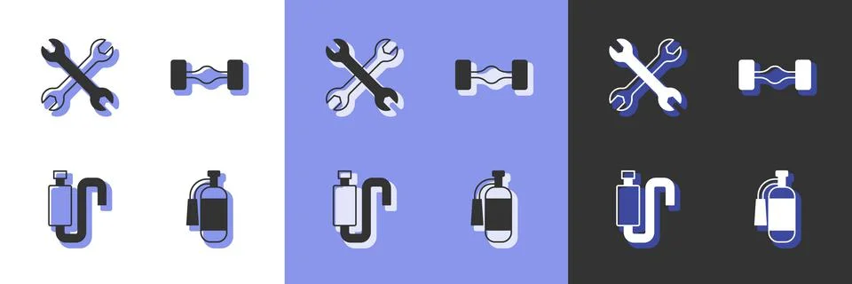 Set Fire extinguisher, Wrench spanner, Car muffler and Chassis car icon. Vector Stock Illustration
