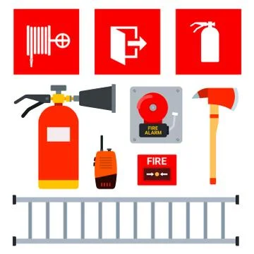 Set of fire fighting equipment and signs indicating their location vector Stock Illustration