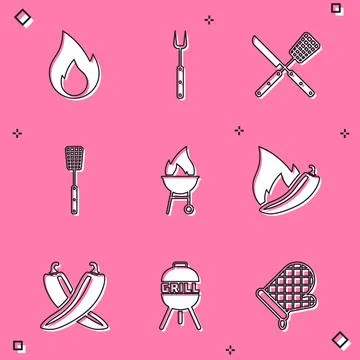 Set Fire flame, Barbecue fork, Crossed knife and spatula, grill, Hot chili .. Stock Illustration