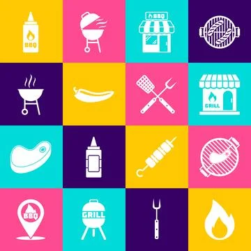 Set Fire flame, Barbecue grill with steak, shopping building, Hot chili pep.. Ilustración de archivo