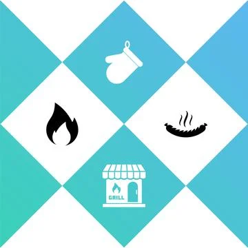 Set Fire flame, Barbecue shopping building, Oven glove and Sausage icon. Vector Ilustración de archivo