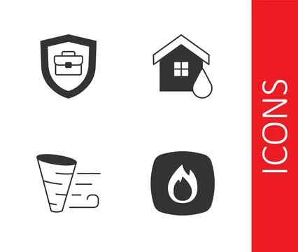Set Fire flame, Briefcase with shield, Tornado and House flood icon. Vector Stock Illustration