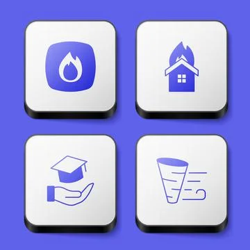 Set Fire flame, in burning house, Education grant and Tornado icon. White square Stock Illustration