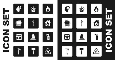 Set Fire flame, Burning match with fire, truck, Firefighter, burning house Illustration