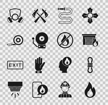 Set Fire flame, Climber rope, in burning garage, hose reel, Ringing alarm b.. Stock Illustration
