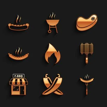 Set Fire flame, Crossed hot chili pepper pod, Sausage on the fork, Barbecue.. Stock Illustration