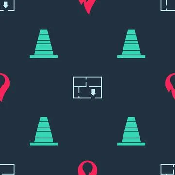 Set Fire flame, Evacuation plan and Traffic cone on seamless pattern. Vector Illustrazione stock