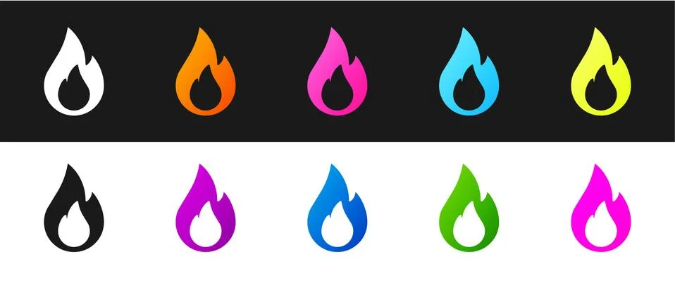Set Fire flame icon isolated on black and white background. Vector Stock-Illustration