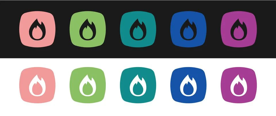 Set Fire flame icon isolated on black and white background. Vector Stock Illustration