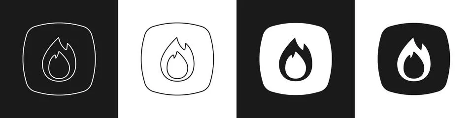 Set Fire flame icon isolated on black and white background. Vector Stock Illustration