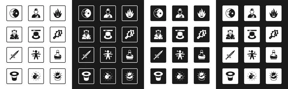 Set Fire flame, Magic hat and wand, Vampire, Moon stars, hand mirror, Wizard Ilustração Stock