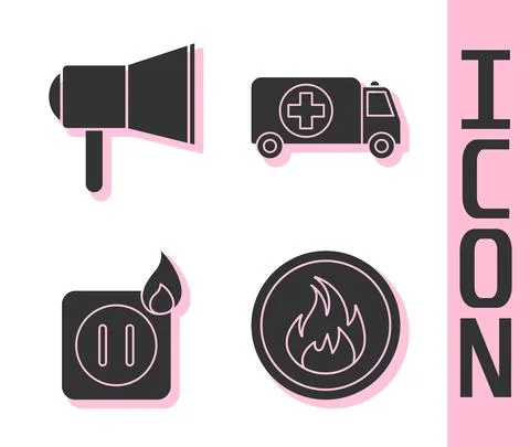 Set Fire flame, Megaphone, Electric wiring of socket in fire and Ambulance and イラスト素材