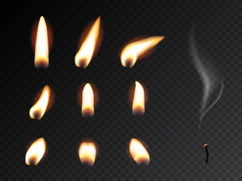 Set of fire flame. Realistic candle flame isolated on black background. Stock Illustration